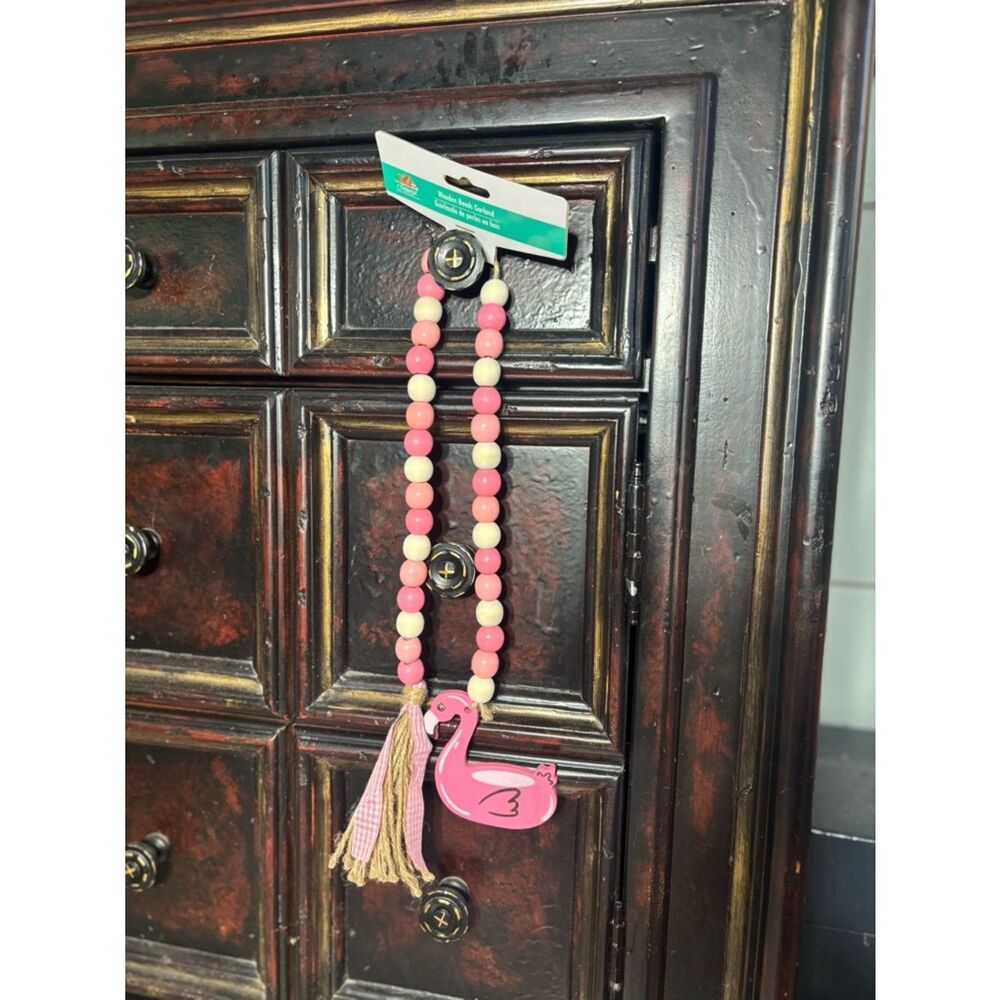 New Pink Flamingo Wooden Bead Garland with Tassel